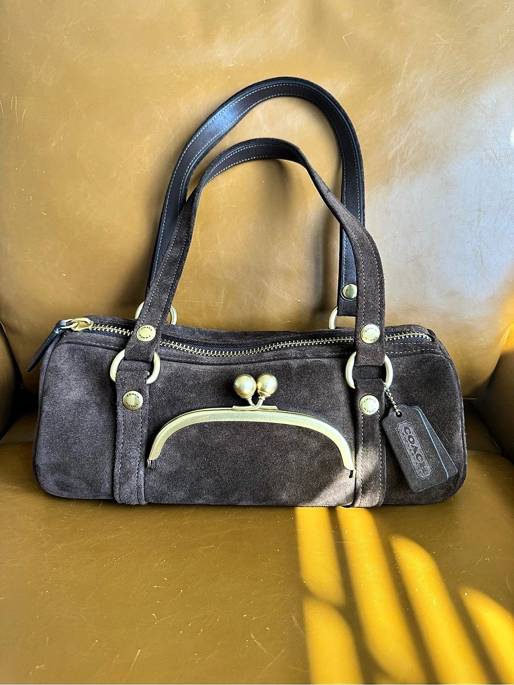 Coach brown Suede Kisslock Barrel Bag